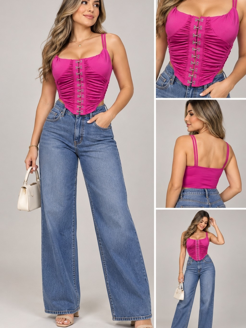 Fuchsia Ruched Corset-Style Camisole Top - Women